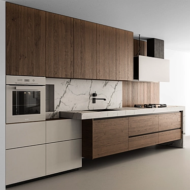 Sleek Wood & White Kitchen 3D model image 1 