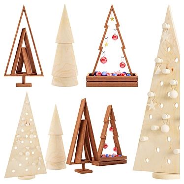 Handmade Wooden Christmas Tree Set 3D model image 1 