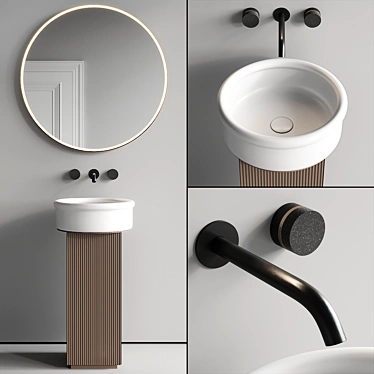 Modern Wooden Vanity Set with Round Ceramic Basins 3D model image 1 