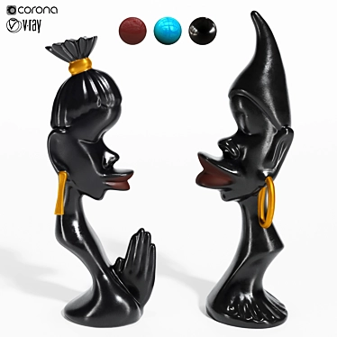 African Couple Statue Trio Set 3D model image 1 