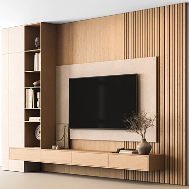 Modern Concrete Wood TV Wall 3D model image 1 