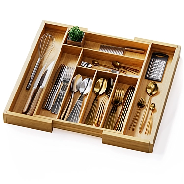 Bamboo Adjustable Silverware Drawer Organizer 3D model image 1 