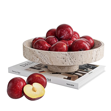 Travertine Bowl with Plums 3D model image 1 