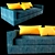 Emerald Leather Sofa with Vibrant Yellow Suede Cushions 3D model small image 1