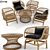 Natural Rattan Lounge Chair & Coffee Table Set 3D model small image 1